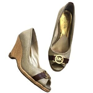 Michael Kors "Meg" Espadrille Wedge Peep Toe Logo Tan/Brown/Gold Shoes